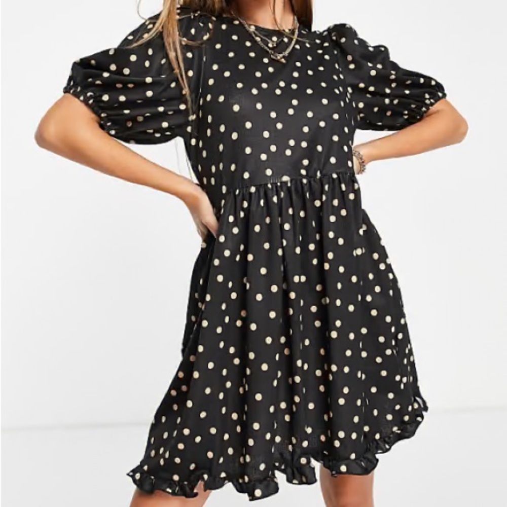 River Island Women 12 Black Crew Neck Puff Sleeve Spotted Frill Smock Mini Dress